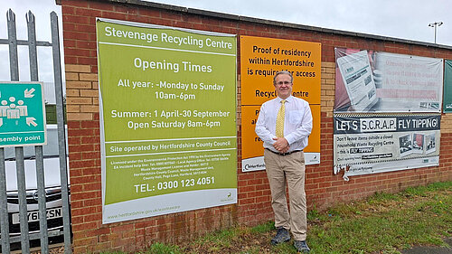 Cllr Paul Zukowskyj, Hertfordshire County Council executive member for environment, at Stevenage recycling centre.